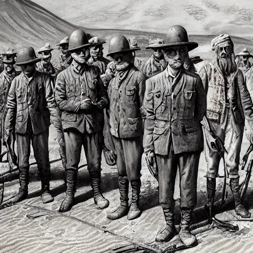 Image similar to a detailed photorealistic sepia - toned photo of a 1 9 1 7 clean - shaven british soldiers standing with bedouin traders, ultra realistic, painted, intricate details, lovecraft, atmospheric, dark, horror, brooding, highly detailed, by clyde caldwell