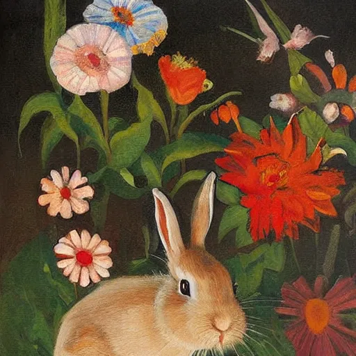 Image similar to The painting is a beautiful and playful work that perfectly encapsulates the artist\'s unique style. The painting features a rabbit made out of ceramic, which is surrounded by brightly colored flowers. The work is both charming and sophisticated, and it is sure to bring a smile to any viewer\'s face. hygge, inverted colors by Hendrick Avercamp, by Matti Suuronen, by Tom Thomson eclectic