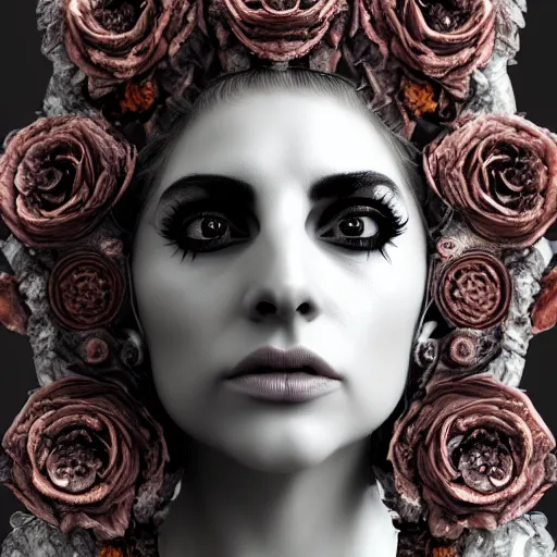 Image similar to mythical dreamy black and white organic bio - mechanical spinal ribbed profile face portrait detail of translucent steampunk beautiful lady gaga seraphim angelic - human - queen - vegetal - cyborg - red - haired, highly detailed, intricate crystal ivy jelly ornate, poetic, translucent roses ornate, 3 d render, digital art, octane render, 8 k artistic photography, photo - realistic, by dora maar