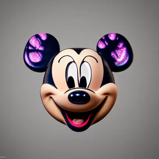 Image similar to counterfeit mickey mouse head, fractal, broken, wet, melting, fractured, mycelium, cubensis, radiant alien, rococo, baroque, automotive, bio-mechanical, porcelain, iridescent, sub surface scattering, unreal engine, octane render