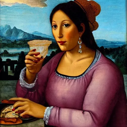 Image similar to A beautiful Jewish-Mexican woman peacefully sips a soda at a café at sunset with a plate of beignets before her, Renaissance oil painting