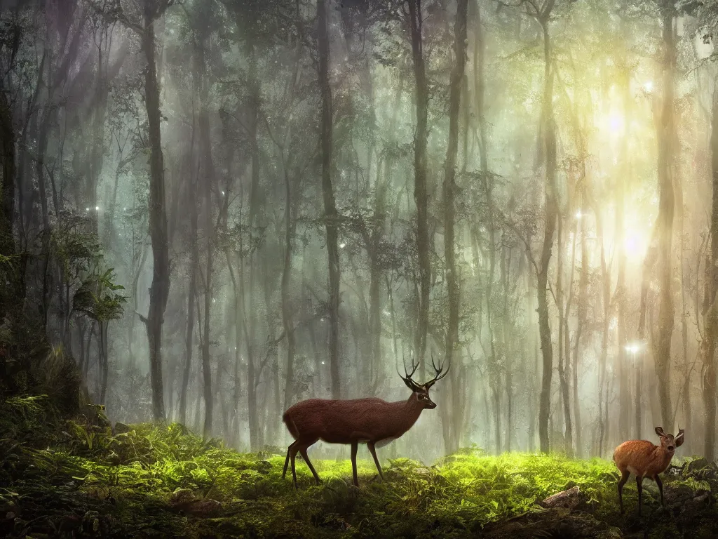 Image similar to a fantasy beautiful dense biorelevant rainforest setting, ultrawide angle, a deer made of bright neon ether light sparkle, cinematic lighting, extremely emotional, extremely dramatic, surround it with pixie dust ether floating in the air, hdr, epic scale, cmyk, deep spectrum color