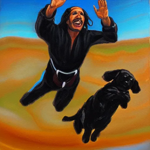 Image similar to egyptian man with long curly hair skydiving alongside small black puppy, fine art oil painting, figurative painting