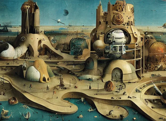 Image similar to an intricately detailed scene from a sci-fi movie by Hieronymus Bosch, Wes Anderson and Syd Mead