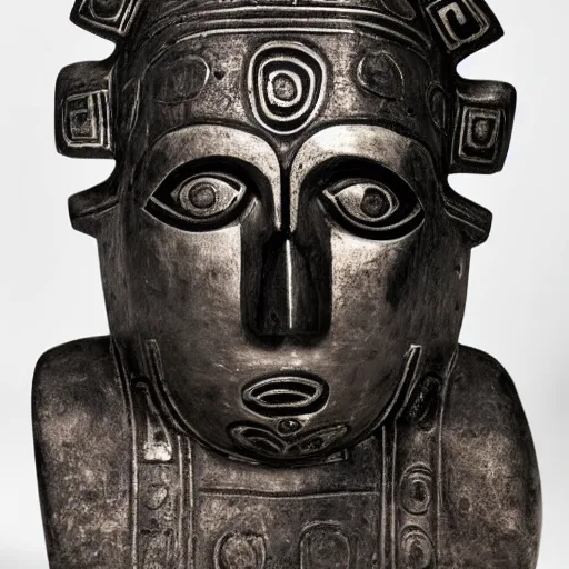 Prompt: photo portrait of precolumbian aztec shamanic metal face mask with fine detail engravings and runes cultist lord rich baron by Diane Arbus and Louis Daguerre