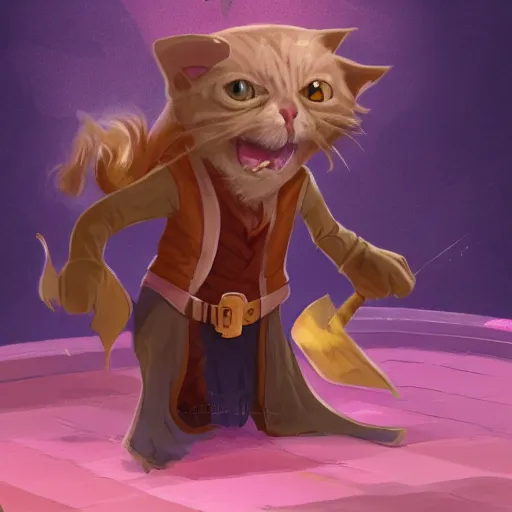 Image similar to wizard is laughing at a small cat, dynamic pose, chromatic aberration, medium level shot, comedy, fantasy, illustration, concept art,