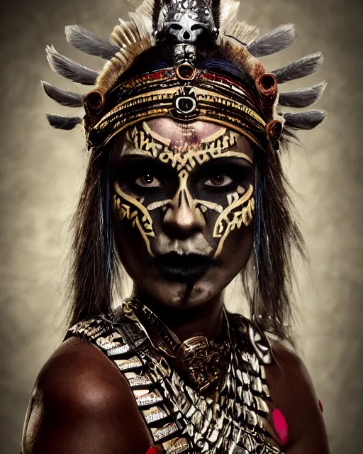 Image similar to photorealistic headshot of beautiful female ornate fantasy viking indian tribal aztec warrior, angry, black skull warpaint, Neil Blevins, James Paick, Natasha Tan Maciej Kuciara, Frank frazetta, arney freytag, Ritu Kumar, Sabyasachi Mukherjee, Magic the gathering, octane, bokeh, 8k, fashion pose, cinematic, 28mm