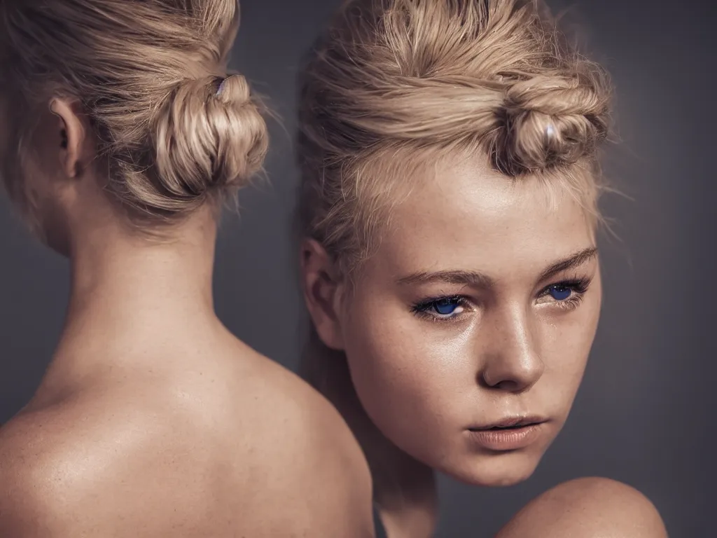 Image similar to photorealistic head and shoulders photo of beautiful blonde girl with messy bun facing away from the camera, 3 5 mm, confident, tattoos, octane render, bokeh, 4 k, fashion pose, cinematic, national geographic photo shoot,