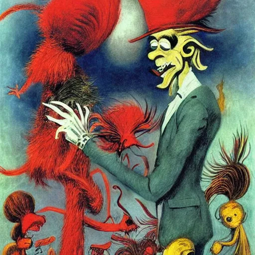 Prompt: dr seuss francisco goya stephen gammell max ernst graham ingels, beautiful vibrant colors. realistic faces colorful image. award - winning art!