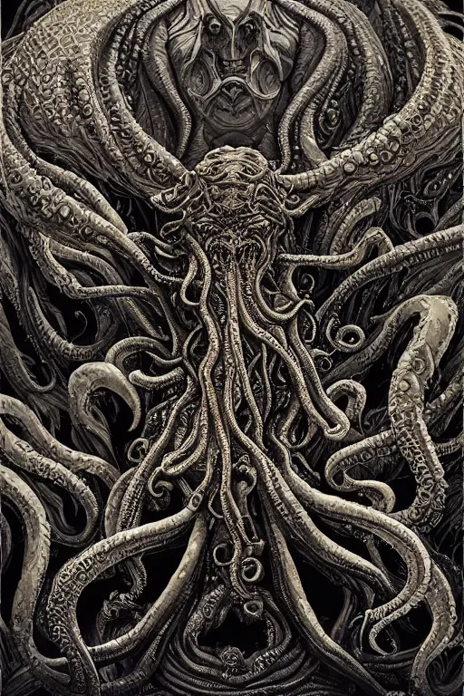 Prompt: portrait of Cthulhu spreading his dark unholy wings rising form his eternal slumber in Rlyeh, in style of Doom, in style of Midjourney, insanely detailed and intricate, golden ratio, elegant, ornate, unfathomable horror, elite, ominous, haunting, matte painting, cinematic, cgsociety, James jean, Noah Bradley, Darius Zawadzki, vivid and vibrant