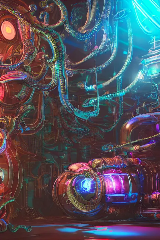 Image similar to portrait of cyberpunk octopus, symmetric, body full glowing vacuum tubes, realistic digital art, 3 d render of two huge futuristic steampunk generators inside a huge steampunk engine, 8 k, fluorescent colors, halluzinogenic, multicolored, exaggerated detailed, unreal engine