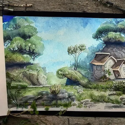 Prompt: beautiful happy picturesque charming sci - fi organic homes in a beautiful natural scene. water, trees and rocks. beautiful light. grainy and rough. soft colour scheme. beautiful artistic detailed watercolor by lurid. ( 2 0 2 2 )