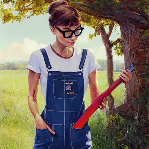 Prompt: young audrey hepburn wearing overalls, on a farm, painting by artgerm, greg rutkowski