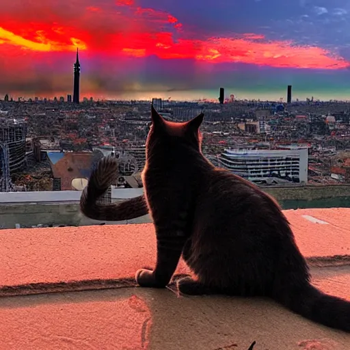 Image similar to cat watches a post apocalyptic city view where the sky is on fire