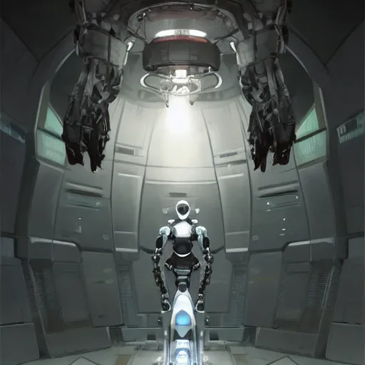 Image similar to detailed character concept art portrait of a detailed and hi - tech robot in an empty chamber, artstation, award - winning realistic sci - fi concept art by greg rutkowski and yoshitaka amano, in the style of moebius, realism masterpiece.