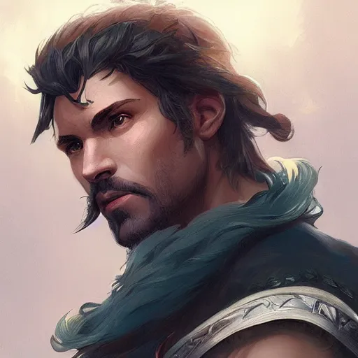 Image similar to male adventurer, painted fantasy character portrait, headshot, fantasy, highly detailed, digital painting, artstation, concept art, sharp focus, illustration, art by artgerm and greg rutkowski and alphonse mucha