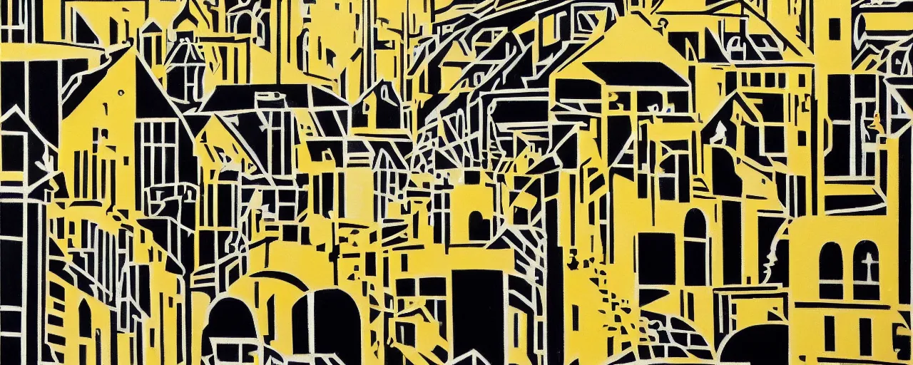 Prompt: a painting of street life in kirkwall orkney, Art Deco, Bold geometric, Patterns, Black, gold, metallic