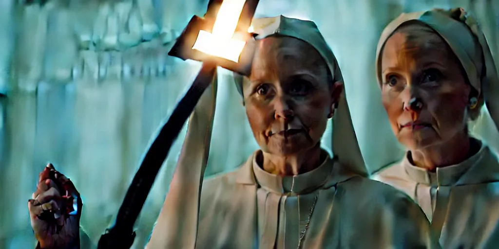 Prompt: a scene from a movie about a 3 4 - year old female cancer survivor who has an epiphany and decides to become a priest, she finds out there are real demons and battle the forces of evil with a sword in the shape of a cross 4 k, blue - ray screenshot, filmed by roger deakins