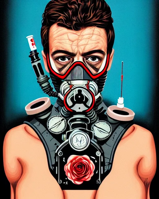 Image similar to portrait of an armoured diver man wearing oxygen mask, has blood, rose, a pistol and a syringe needle with sea background intricate details with horror side profile by Sandra Chevrier