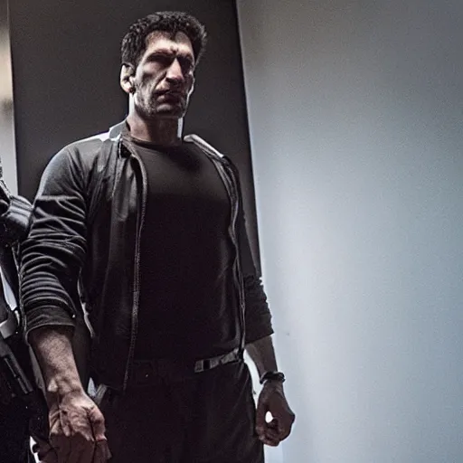 Prompt: a 4 k cinematic still portrait of the punisher and daredevil breaking into the office from a gritty cyberpunk 2 0 0 0 s james cameron movie about spider - man. realism, cinematic lighting, 4 k. 8 mm. grainy. panavision.