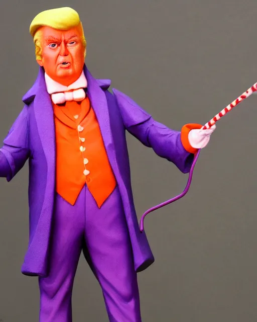 Image similar to wide angle photo of a maquette sculpture of donald trump as willy wonka, he is wearing a victorian era purple jacket and pants, and a velvet purple top hat over his long orange hair. he is holding a candy cane colored cane. his skin is an orange color like an oompa loompa. in the style of sideshow collectibles, highly detailed sculpture