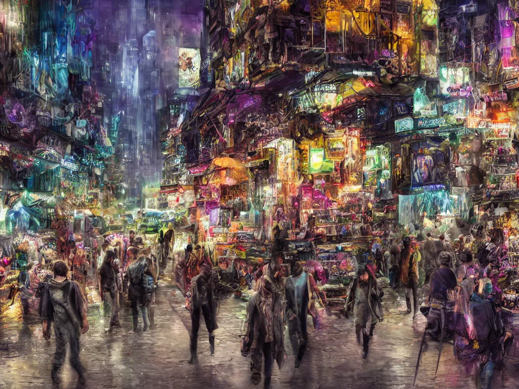 Prompt: hyperrealistic matte painting, a solemn night, defied by spirit, pulse, and flow, the vibrant echoes of the market, drifters, traders, collectors, and travelers, within radiate connection, forming an oasis of vivid lights within the shallow city, ultradetailed, techwear clothes, vibrant people, vivid color, crowded people, huts, stores, close up, artistic style, eye level shot, cyberpunk style, blue color scheme, by Carl Gustaf Hellqvist, George Luks