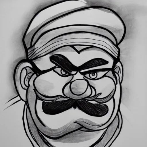 Prompt: continuous single line contour - drawing of wario, pen on white paper