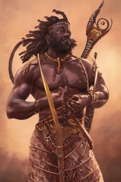 Image similar to ogun wielding a great spear, African warrior deity with golden and jeweled adornment, ancestral hunter God, masculine and menacing, cinematic mid portrait , digital illustration, octane render trending on arstation by artgerm, raphaelite and mucha