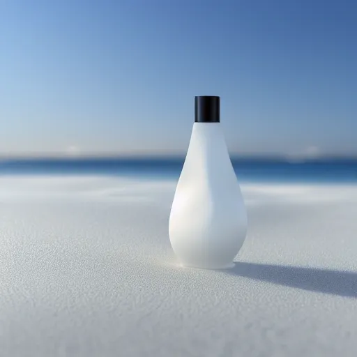 Image similar to perfume bottle on a white zen clean modern minimalist white sand beach with an ocean view, frozen and covered in ice, by peter tarka in an ivory room well contoured smooth fair walls, zaha hadid octane highly render, 4 k, ultra hd,