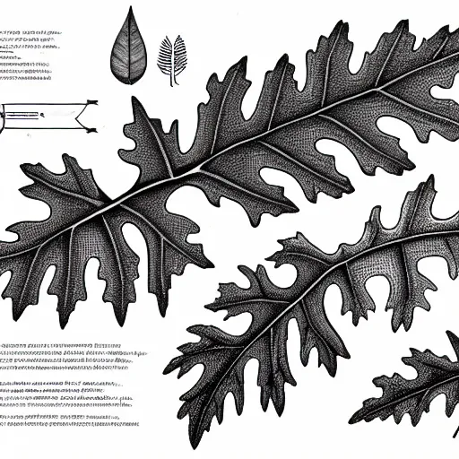 Image similar to a full page schematic diagram illustration of a hybrid between oak leaf and wine leaf, ultra detailed, 4 k, intricate, encyclopedia illustration, fine inking lines