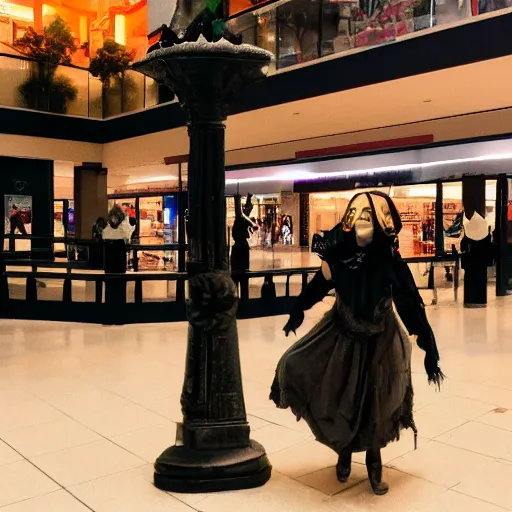 Image similar to security camera footage of a witch performing a complex ritual in the middle of a mall, eerie light