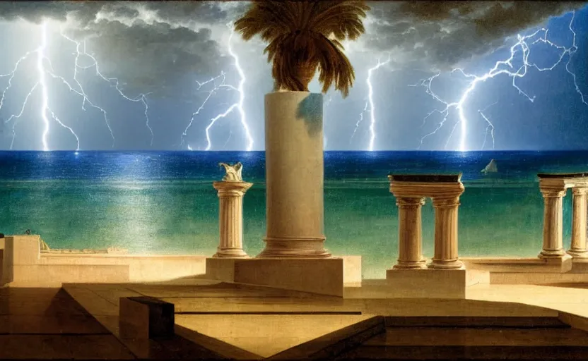 Image similar to mediterranean balustrade and columns, refracted lightnings on the ocean, thunderstorm, greek pool, beach and Tropical vegetation on the background major arcana sky and occult symbols, by paul delaroche, hyperrealistic 4k uhd, award-winning, very detailed paradise