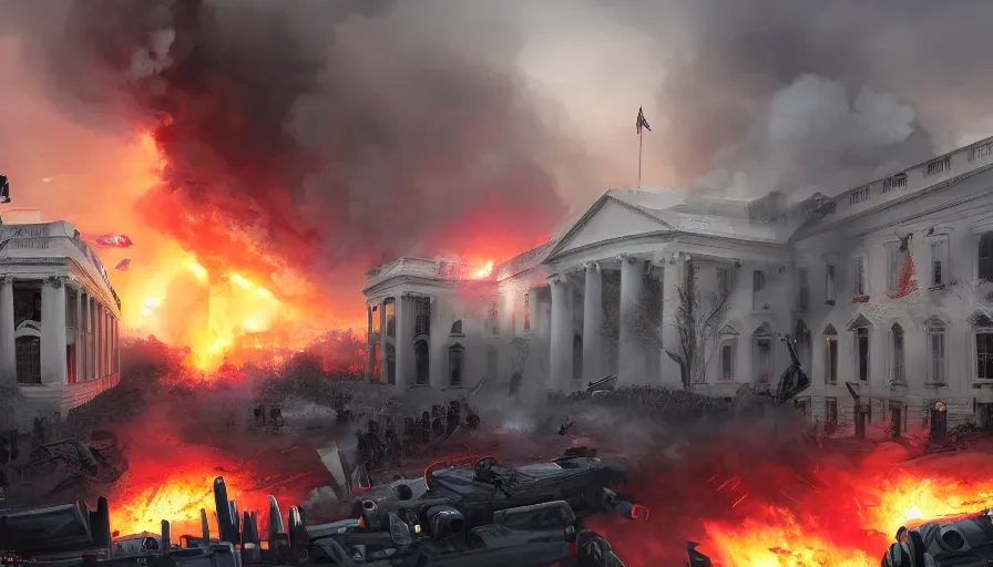 Prompt: world war 3 in washington dc, white house on fire, firing everywhere, hyperdetailed, artstation, cgsociety, 8 k