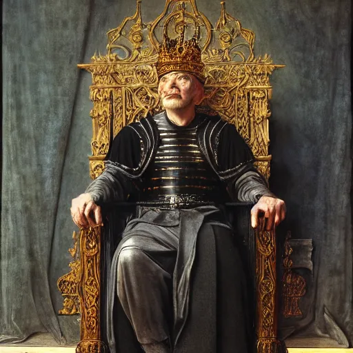 Image similar to Medieval king on a throne by Edgar Maxence and Caravaggio and Michael Whelan, artistic, intricate drawing, realistic fantasy, extremely detailed and beautiful aesthetic face, postprocessed, 8k resolution, dramatic lighting