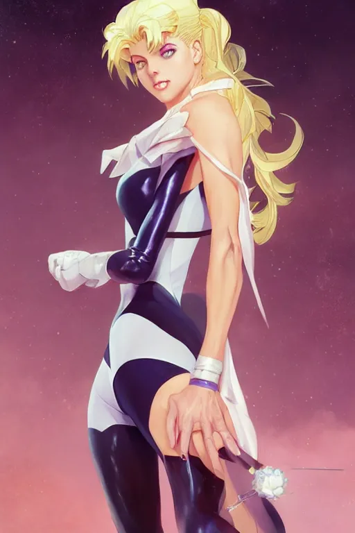 Prompt: blonde sailor moon as aeon flux, by Stanley Artgerm Lau, greg rutkowski, Craig mullins, Peter chung, thomas kindkade, alphonse mucha, loish,