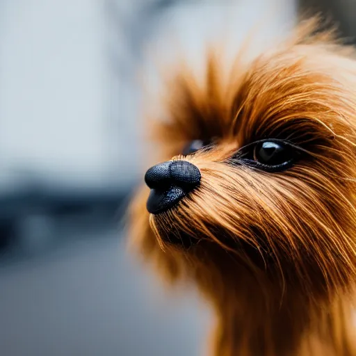 Prompt: a small dog on a leash that looks like Chewbacca, short depth of field, 4k, photorealistic