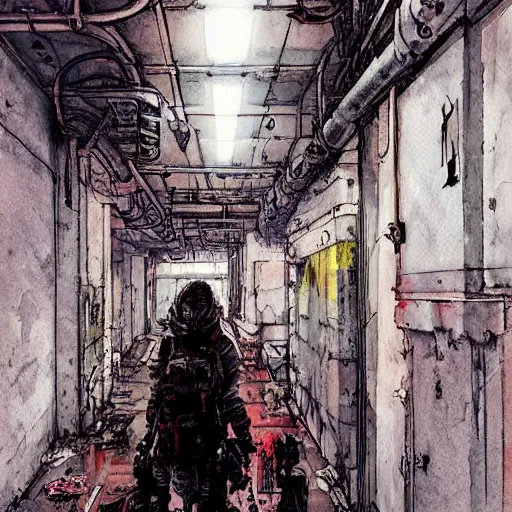 Image similar to Octopus in a hallway, cyberpunk, realistic, detailed, Industrial Scifi, paint, watercolor, in the style of Ashley Wood and Wadim Kashin