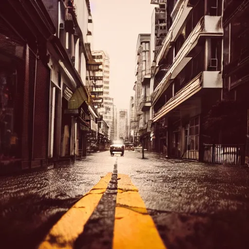 Image similar to a city street at night, raining, photograph, cars on the road, monster attack