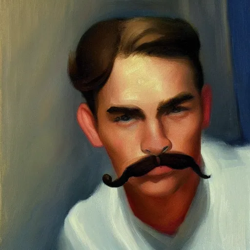 Image similar to a brown haired man with a small mustache staring deeply at camera, detailed, edward hopper, trending on artstation,