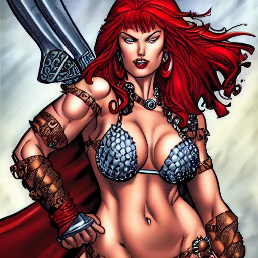 Image similar to Red Sonja portrait by J. Scott Campbell, sly smile. Rule of thirds.