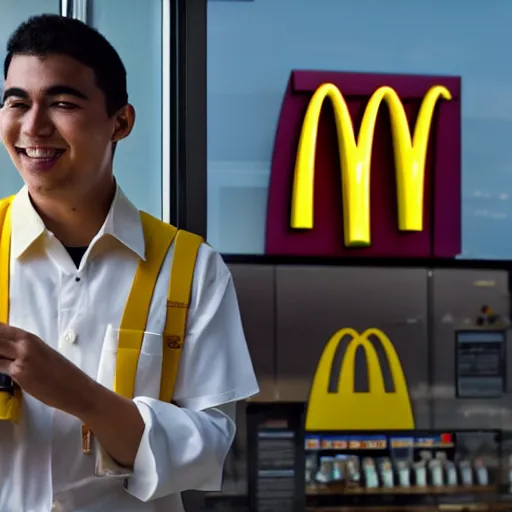 Image similar to Budai working at McDonalds, photography, 8K