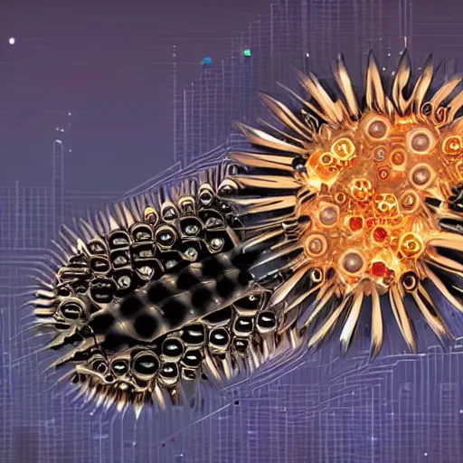 Image similar to Ferrofluid, evil nanobot, organic liquid metal, alien bioweapon, generative technology, mechanical morph engine, gears of death, conspiracy theory, spikes, pins, needles, thorns, nails