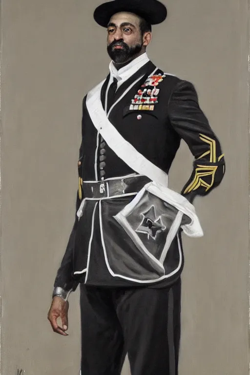 Image similar to full body portrait of the dictator of the san antonio spurs, 1 8 8 9, in full military garb, silver, black, white, oil on canvas by william sidney mount, trending on artstation