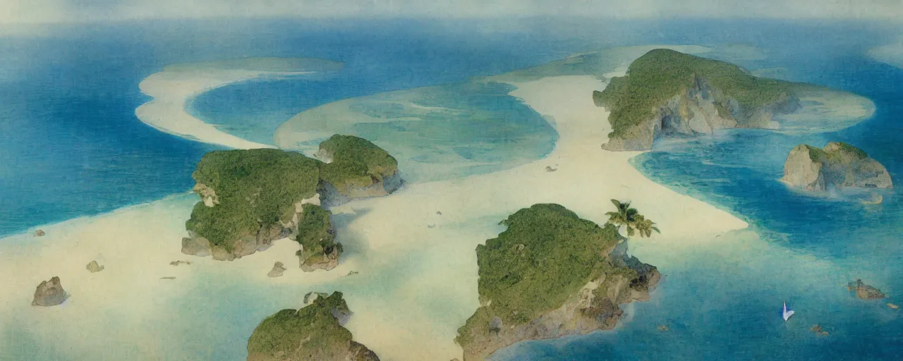 Prompt: a beautiful landscape painting of a tropical island in the middle of the ocean, by alfons maria mucha, trending on artstation, super ultra detail, aerial photography