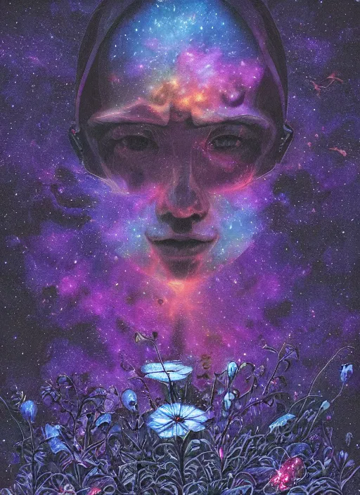 Image similar to detailed, intricate blue black and purple papaverum flower on the field, nebula, galaxy in the sky, winning award masterpiece, fantastically beautiful, illustration, aestheticly inspired dan mumford, upscale with anguissola sofonisba work, artstation, 8 k