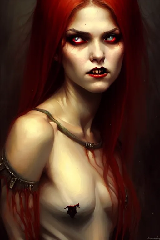 Image similar to young vampire woman portrait by anna podedworna, greg rutkowski, gaston bussiere, simon bisley