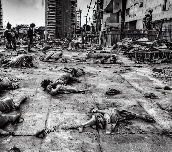 Image similar to a cement pavement with many people laying dead in an urban apocalyptic setting, photograph, HD, cinematic