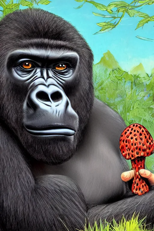 Image similar to gorilla listening to music by jeep holding a amanita muscaria, sunshine, by alba ballesta gonzalez and moebius. 4 k wallpaper, digital flat 2 d, japan animation, comic book, illustration, cinematic lighting, smooth sharp focus.