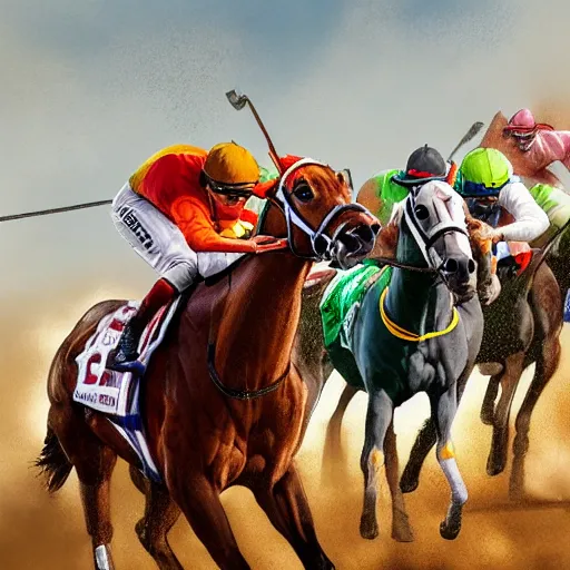 Image similar to kentucky derby horse race with a close finish at the finish line + dramatic, motion, racing, photorealistic horses, photorealistic jockeys, photorealistic : : 1 + style of john collier and leroy neiman + octane render, trending on artstation, artgerm, behance