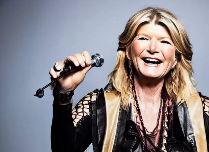 Image similar to publicity photo still of martha stewart in a death metal band playing live on stage, 8 k, live concert lighting, mid shot